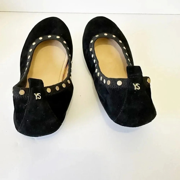 YOSI SAMRA Womens Size 7 Black Suede Gold Studded Foldable Ballet Flats - Picture 6 of 7